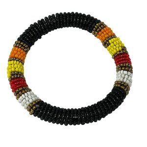 Beaded Bangle Bracelet Black Orange Yellow Red Stripe 3 Inch